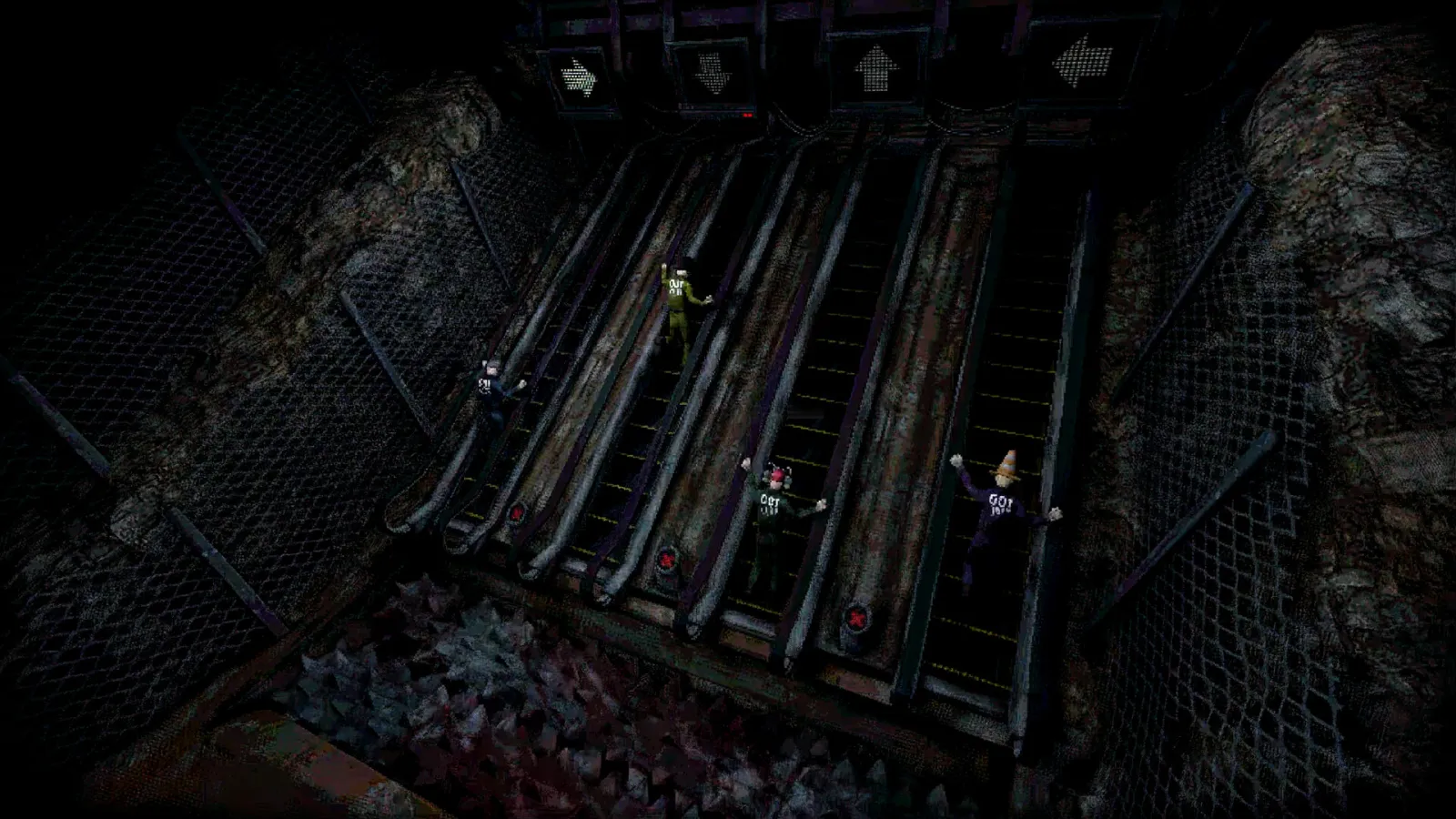 Wrong Way minigame in Machine Party — four players climbing parallel descending escalators under directional arrow signs with a spike pit at the bottom